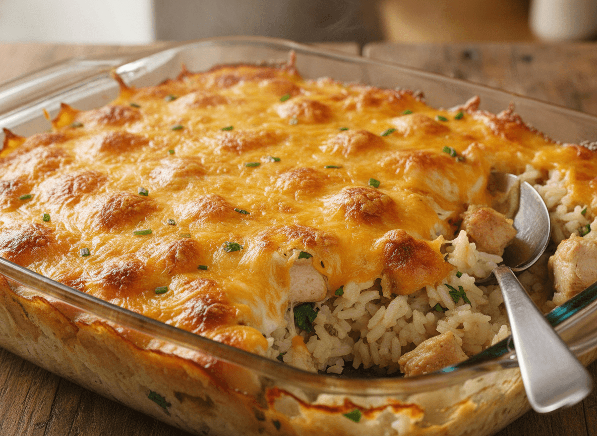 Cheesy Baked Chicken and Rice Casserole