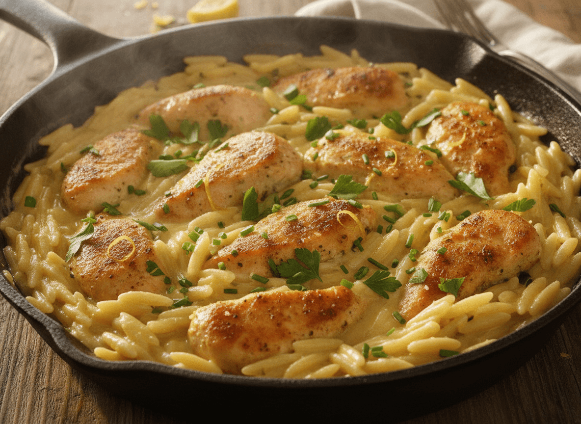 Creamy Lemon Herb Chicken and Orzo Skillet