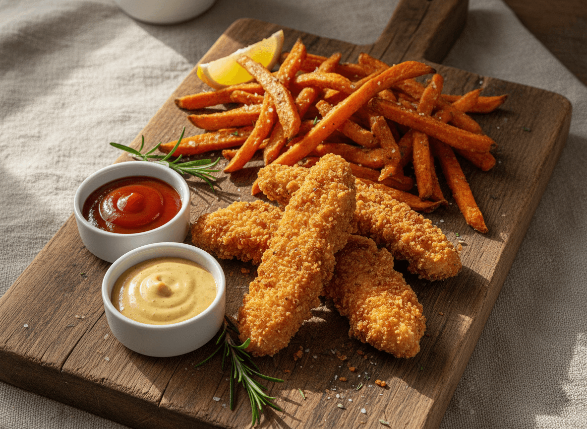 Crispy Baked Chicken Tenders with Sweet Potato Fries