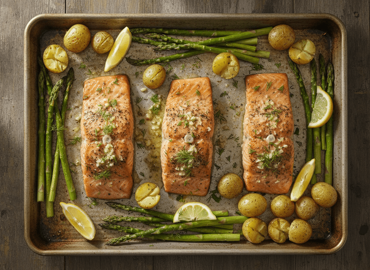 Garlic Butter Salmon with Roasted Asparagus and Potatoes